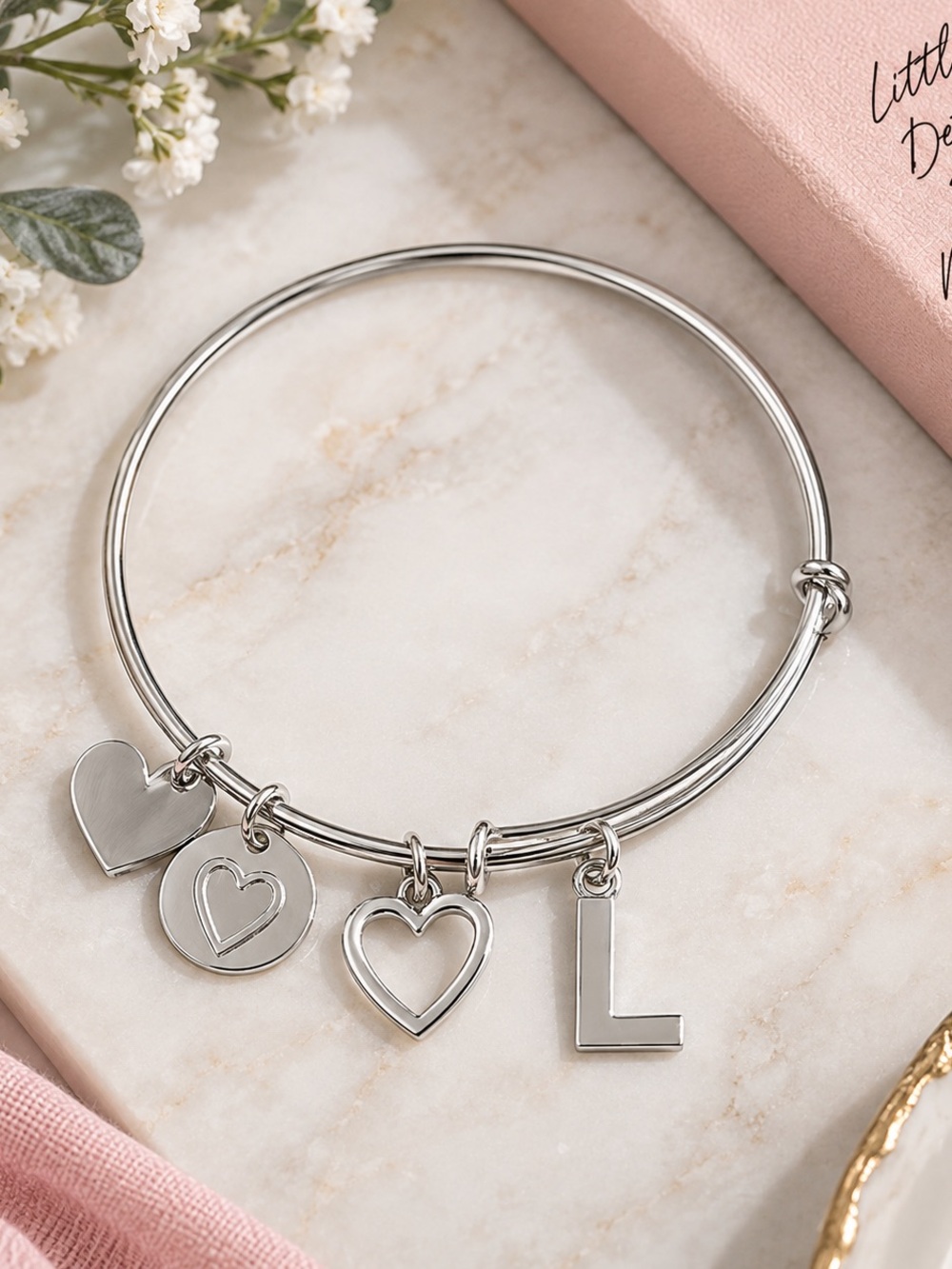 Silver Heart and Initial Charm Bangle Bracelet NEW